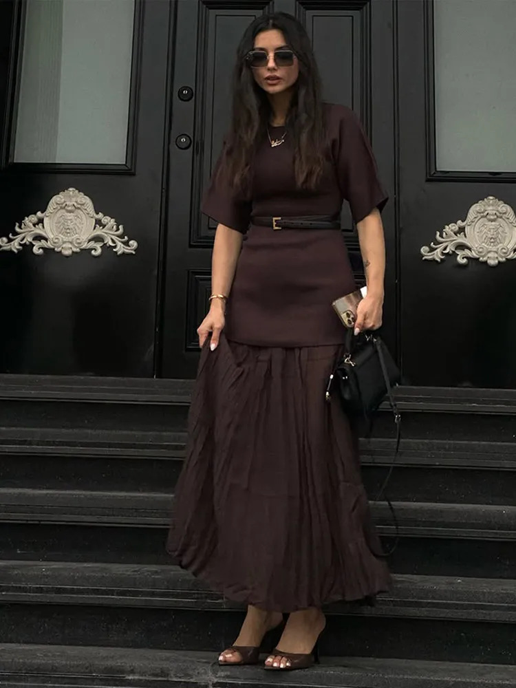 Chic Splicing Brown Half Sleeve Maxi Dress Womens Casual Pleated Aline Slim Dresses Female Office Commute Street 250320