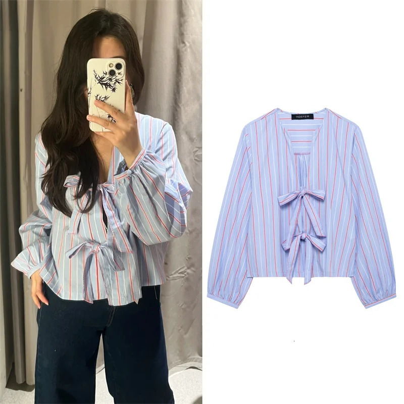 Womens Spring Butterfly Knot Decorative Striped Shirt Casual Edition Cute Womens Button Free Sexy 250320