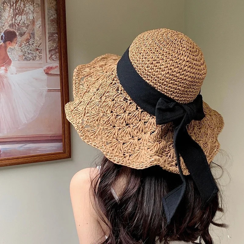 Summer Straw Hat Womens Lace Big Brim Beach Folding Holiday Cool Sunscreen Hat 250320