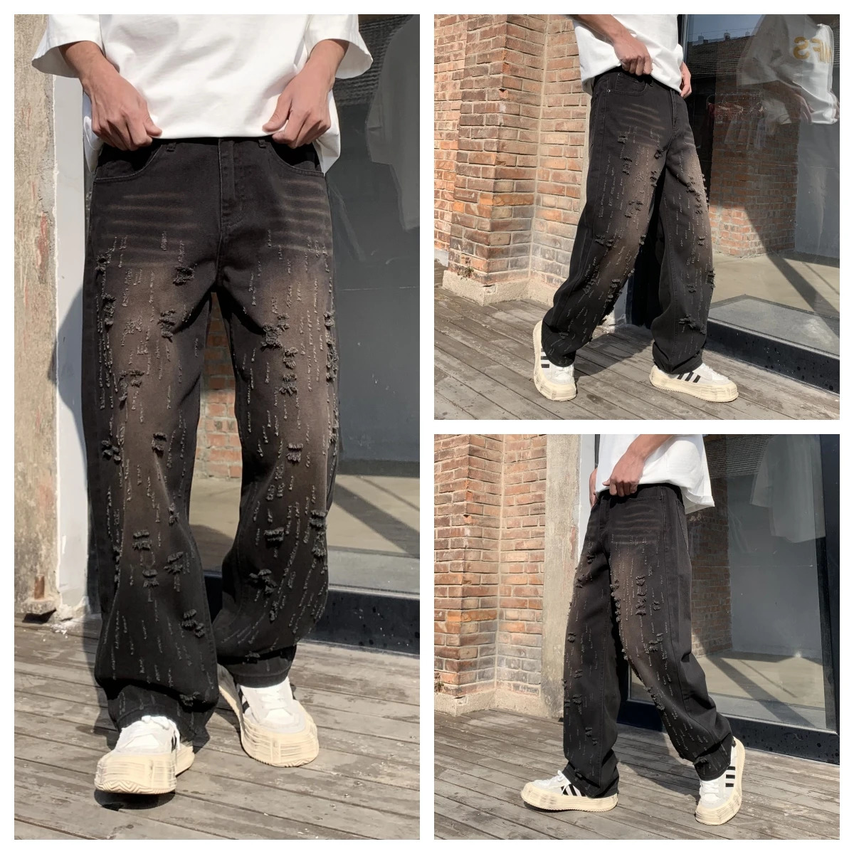 Mens fashion brushed loose straight black washed jeans 250317
