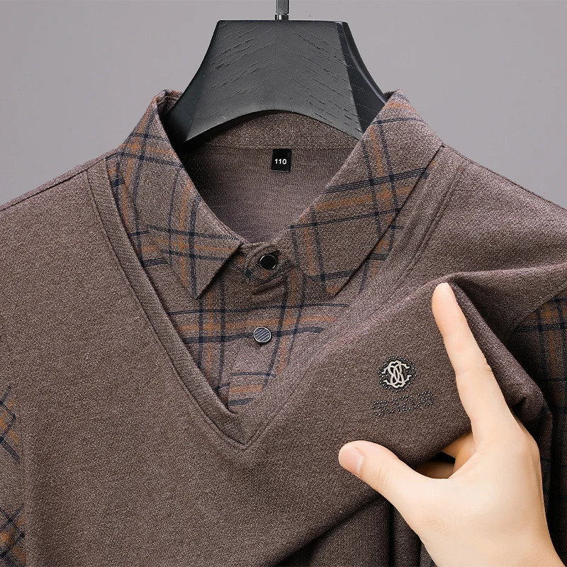 2024 Autumn Mens Polo Pullover Button Lapel Solid Plaid Splice Two Piece Long Sleeve Tshirt Underlay Korean Fashion Tops 250320Z