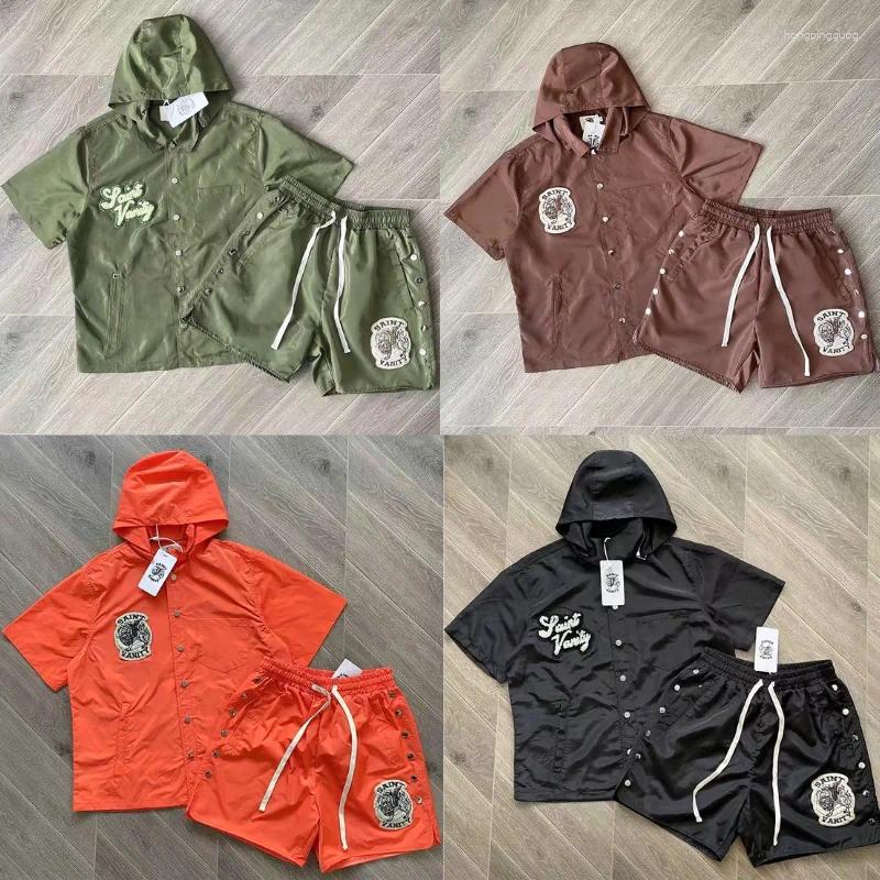 Men's Casual Shirts SAINT VANITY High Quality Embroidered Women Sports Hooded Short-sleeved Trench Coat