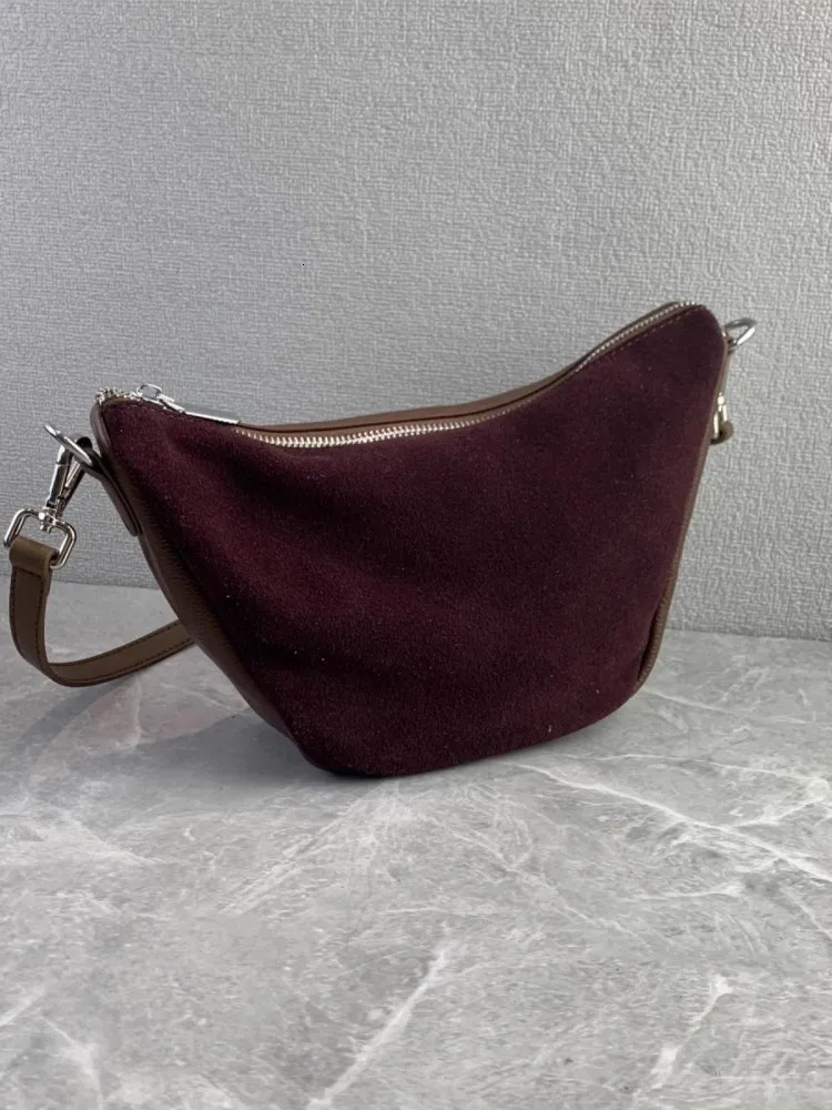 Genuine leather womens fashion classic shoulder cross zipper soft shell suede half moon bag splicing armpit 250320