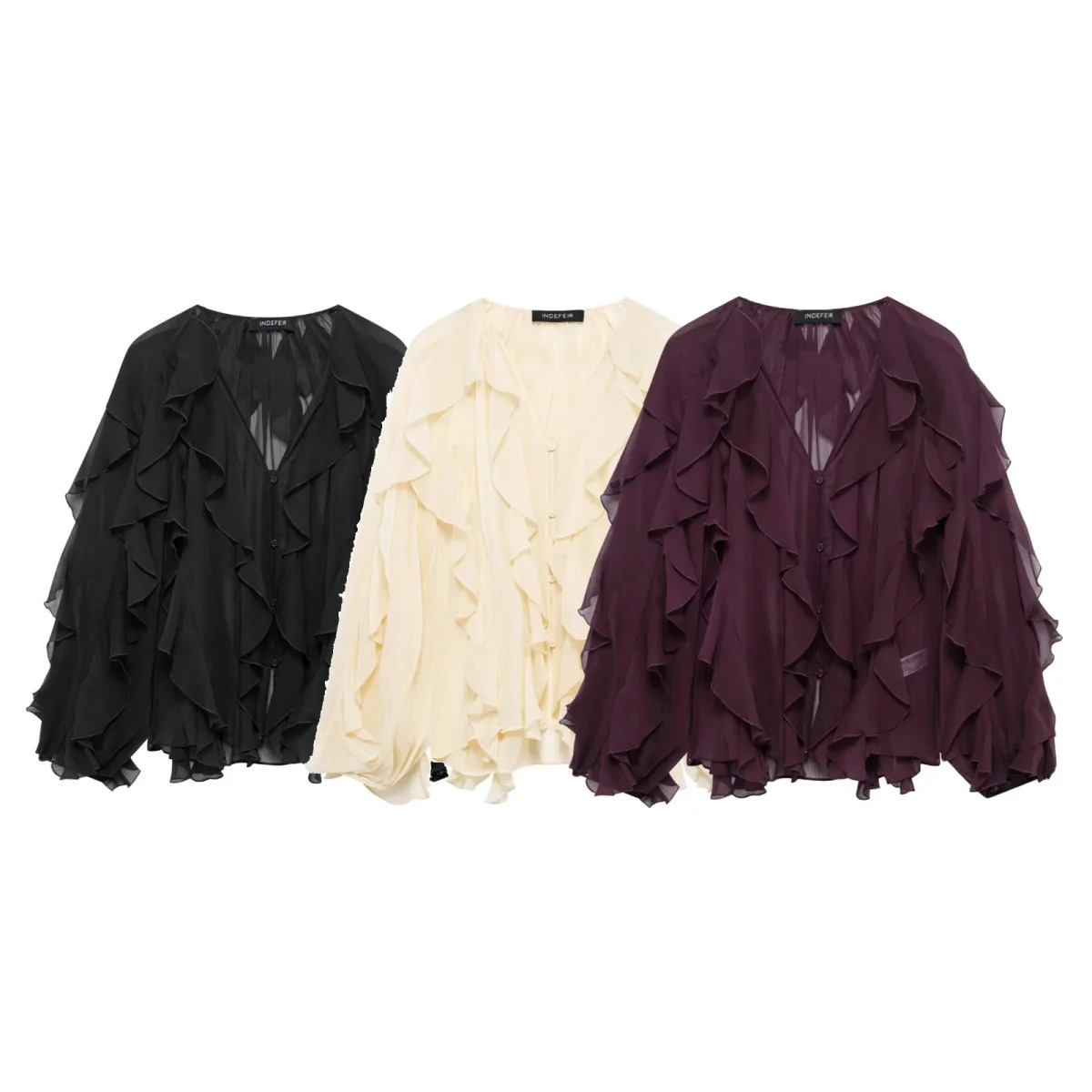 2025 Spring Burgundy Layer Ruffles Shirts For Woman Casual V Neck Full Sleeve Loose Blouse Female High Street Office Outfits 250320