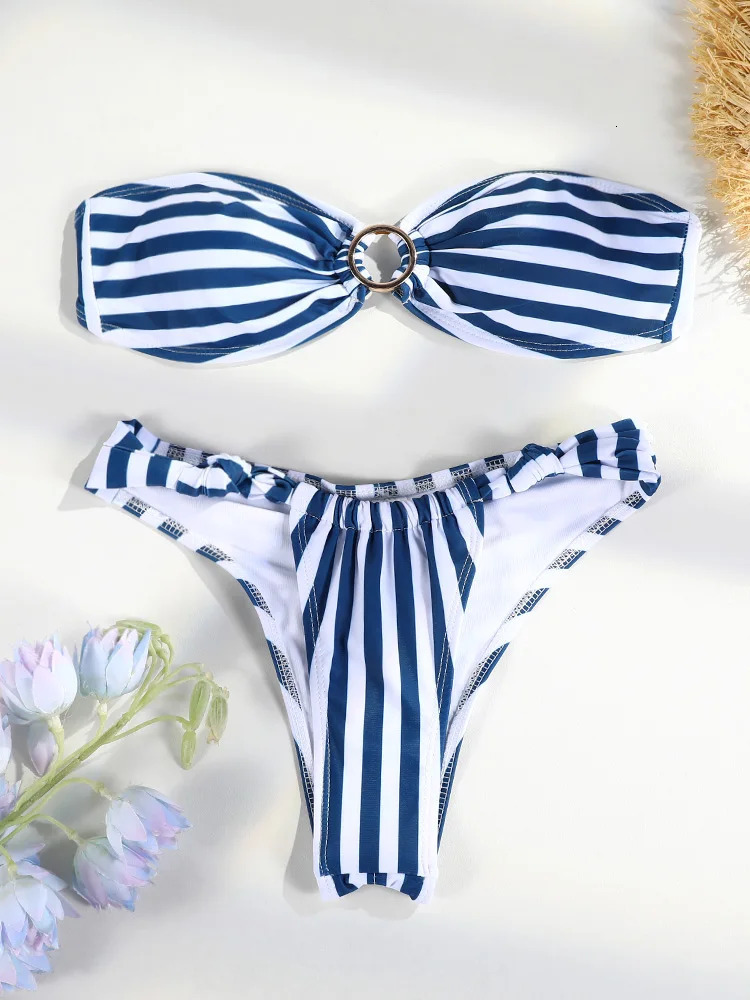 Bandeau bikini set womens swimsuit sexy striped bikini swimsuit Bandage Brazilian beach wear swimsuit 250317