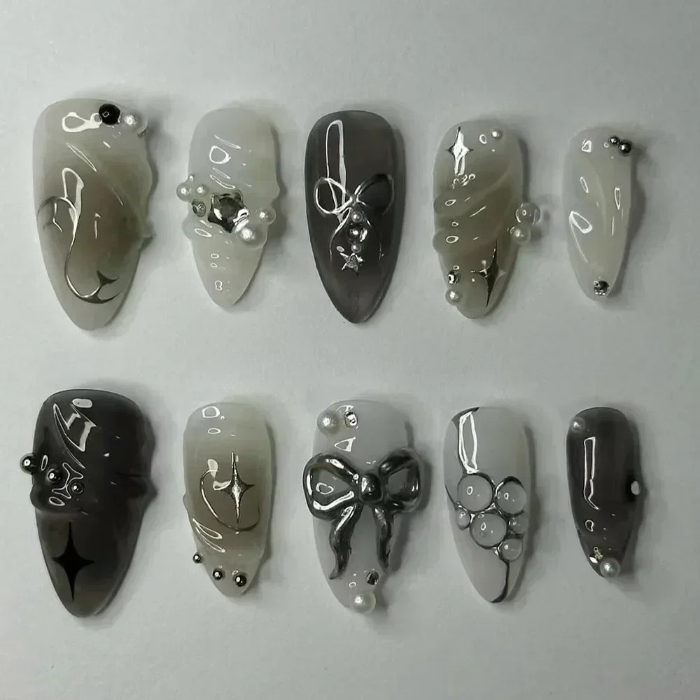 24Pcs False Nails Spicy Girl Silver Bow with Diamond Fake Nails with Glue Almond Press on Nails Black Cool Y2k Almond Nail Set 250319