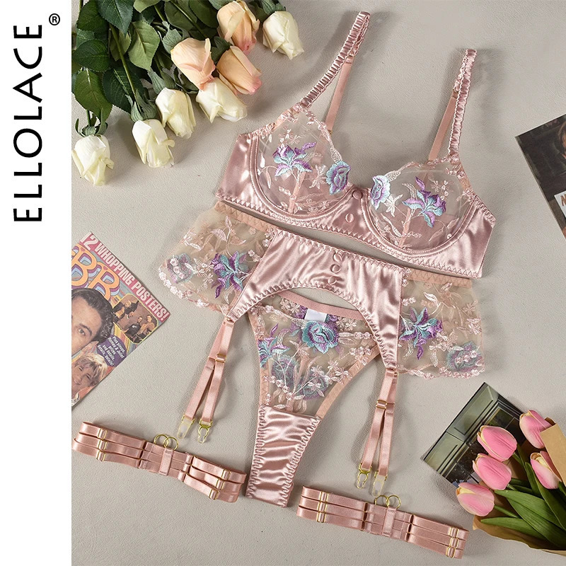 Ellolace Sensual Women Lingerie Fancy Floral Sheen Silk Underwear Transparent Garter Exotic Sets Fairy Intimate Goods 250320