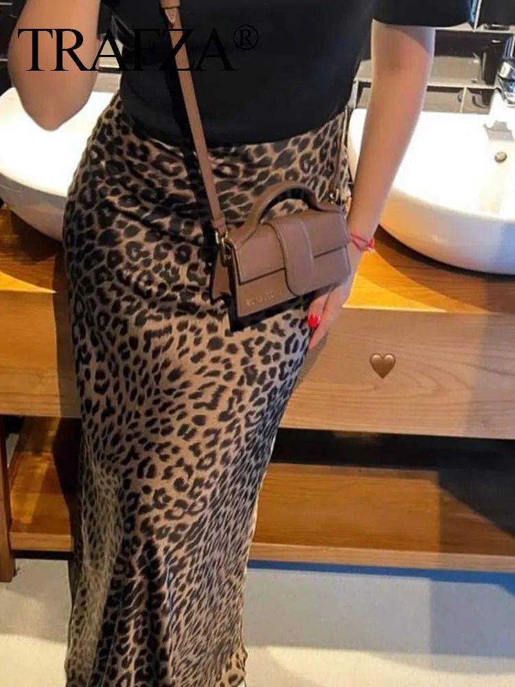 TRAFZA Female Elegant Midi Skirts Retro Leopard Print High Waist Satin A-Line Womens Fashion Bottoms Streetwear Midi Skirt 250320