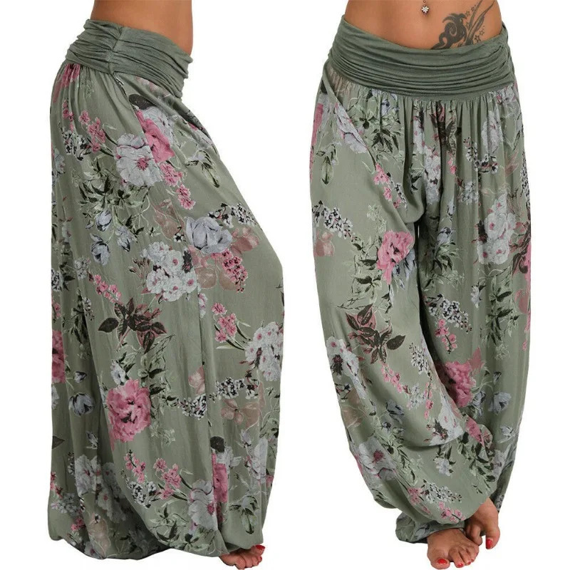 European and American womens long sleeved harem pants with digital printing wide leg casual plus size 250320