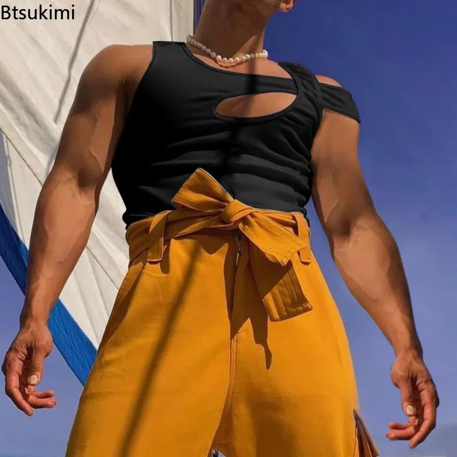 mens summer irregular vest top sleeveless hollow sexy casual vest street clothing breathable mens summer clothing top 250318