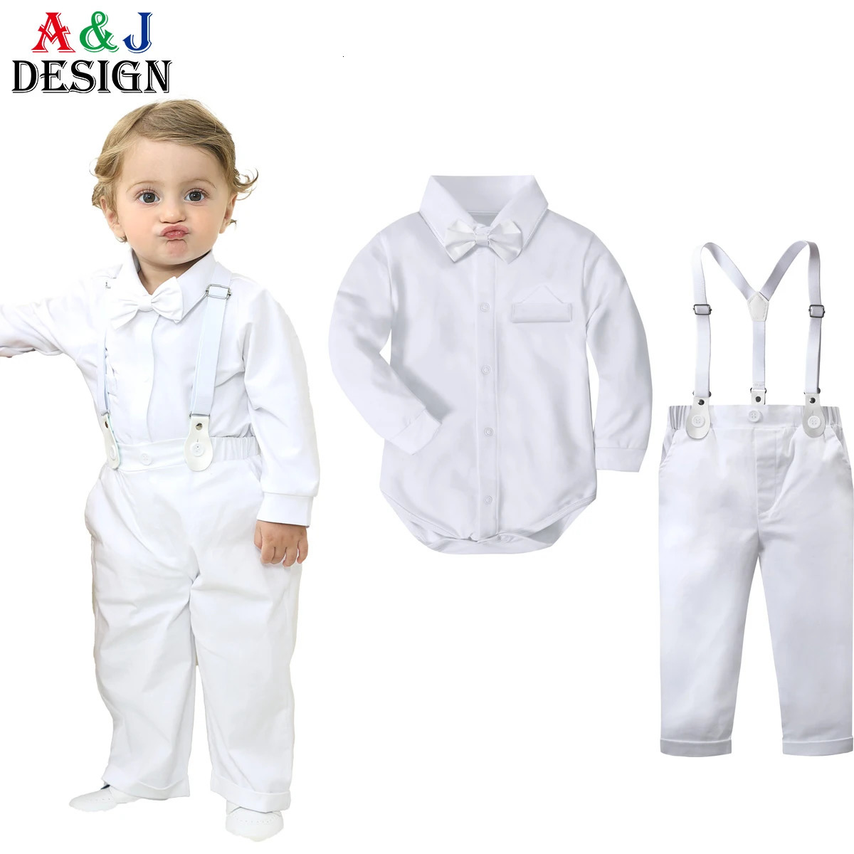 Boys Baptism Outfits born Infant Baby Christening Blessing Gentleman Formal Suits White Wedding Suspenders Outfit Bow Tie 250320