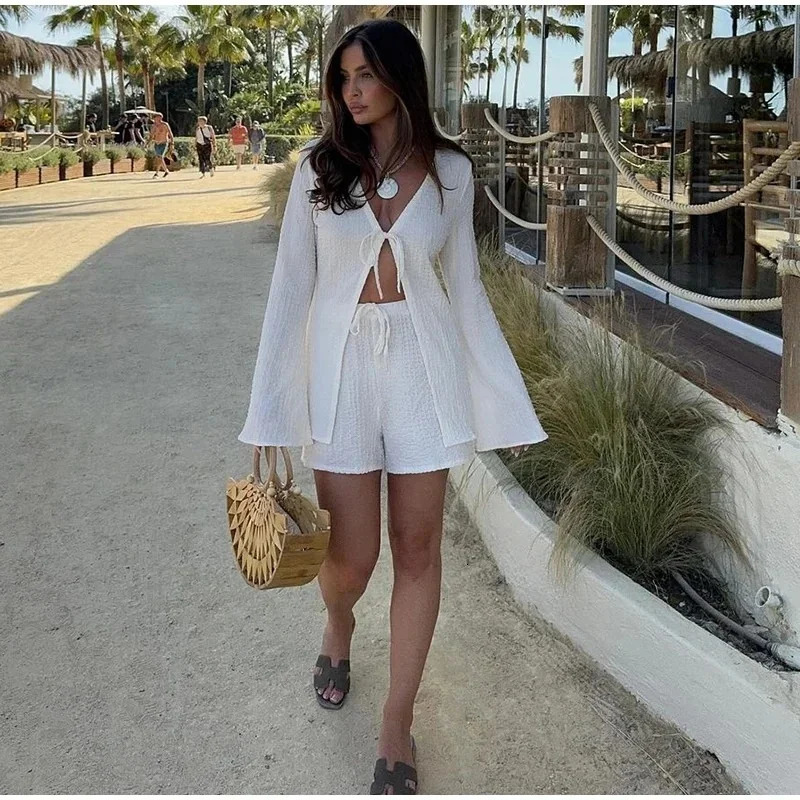 White Lace Up V Neck Long Sleeve Shirt Set Women Fashion High Waist Shorts 2 Pces Sets Summer Casual Loose Female Beach Outfits 250320