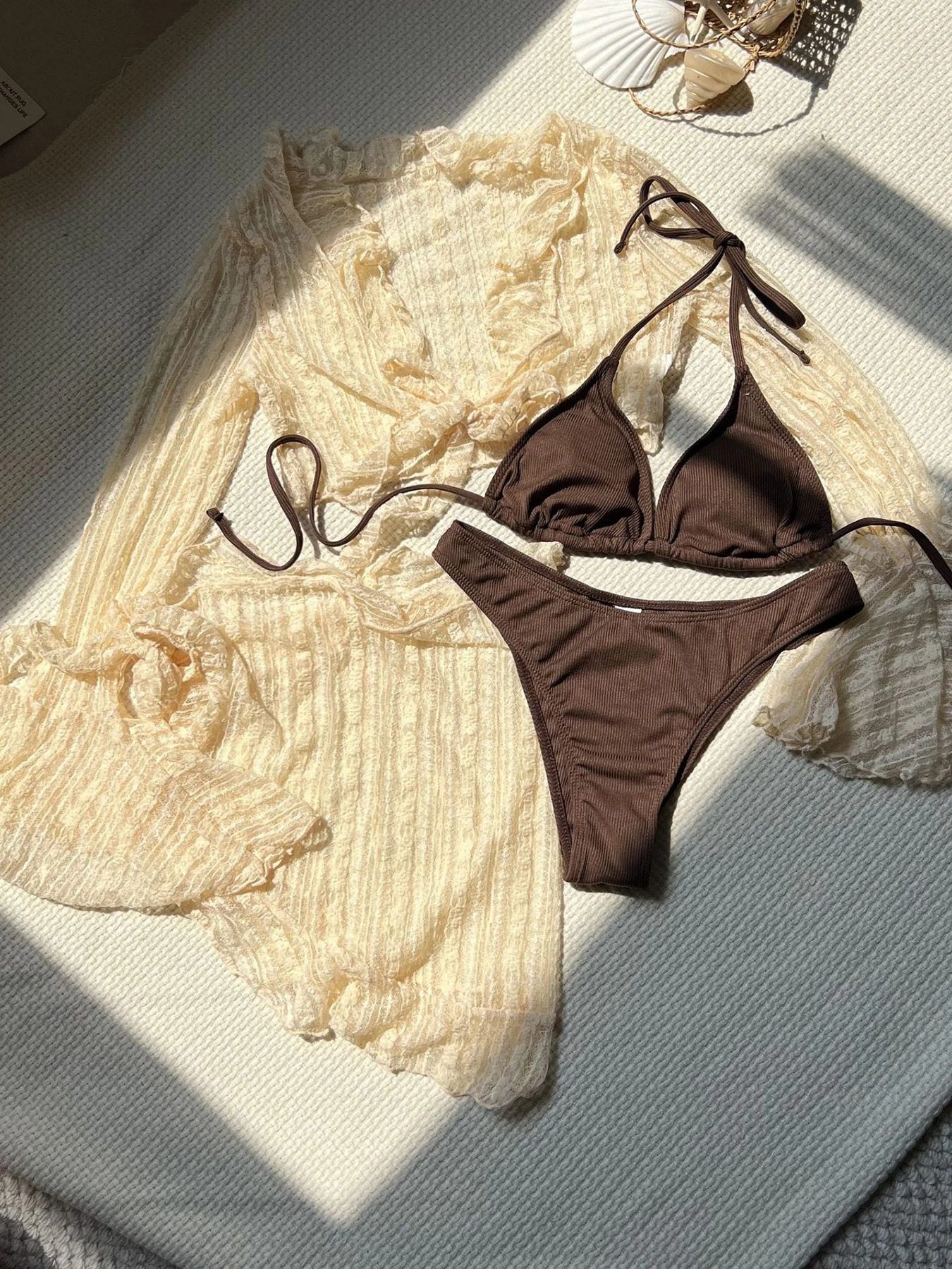 2025 Sexy Lace Puff Sleeve Four Piece Bikini Set Womens Long Swimsuit Beach Wear 250320Z