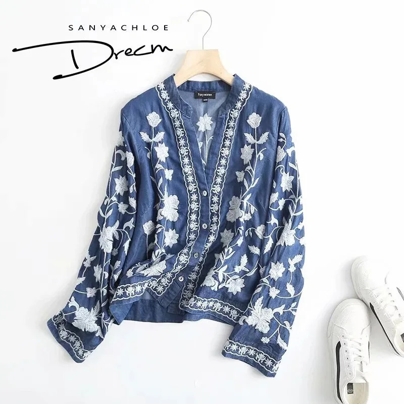3/4 Sleeve Denim Shirt Womens Spring/Summer Soft Jeans V-neck Floral Embroidery Top Thin Coat T35432M 250317