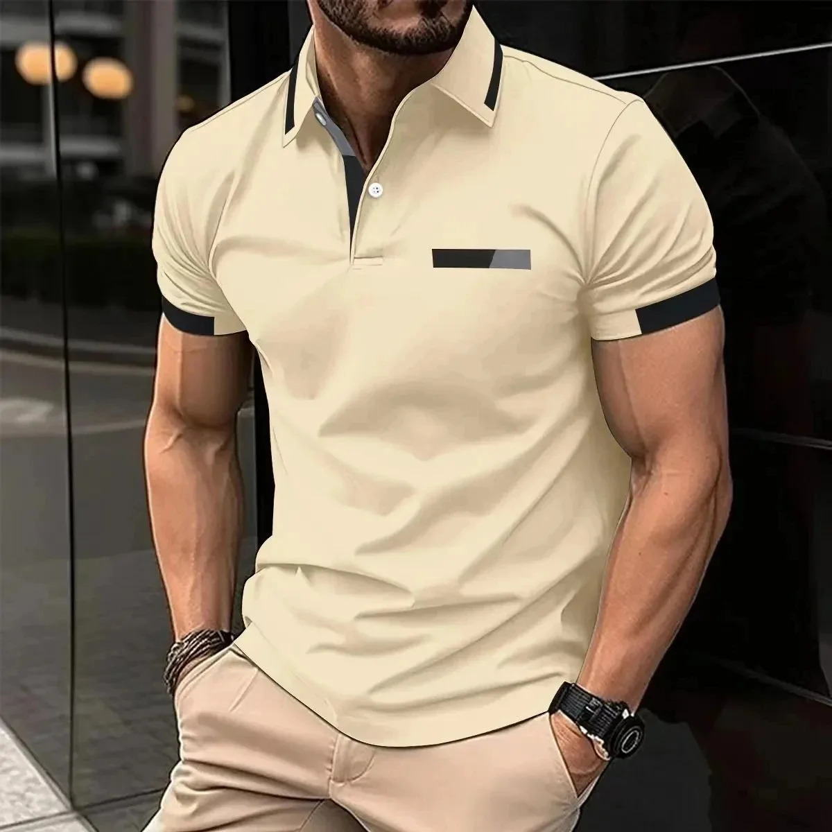 Summer mens casual short sleeved polo shirt solid color lapel top fashionable business pink breathable Tshirt 250320