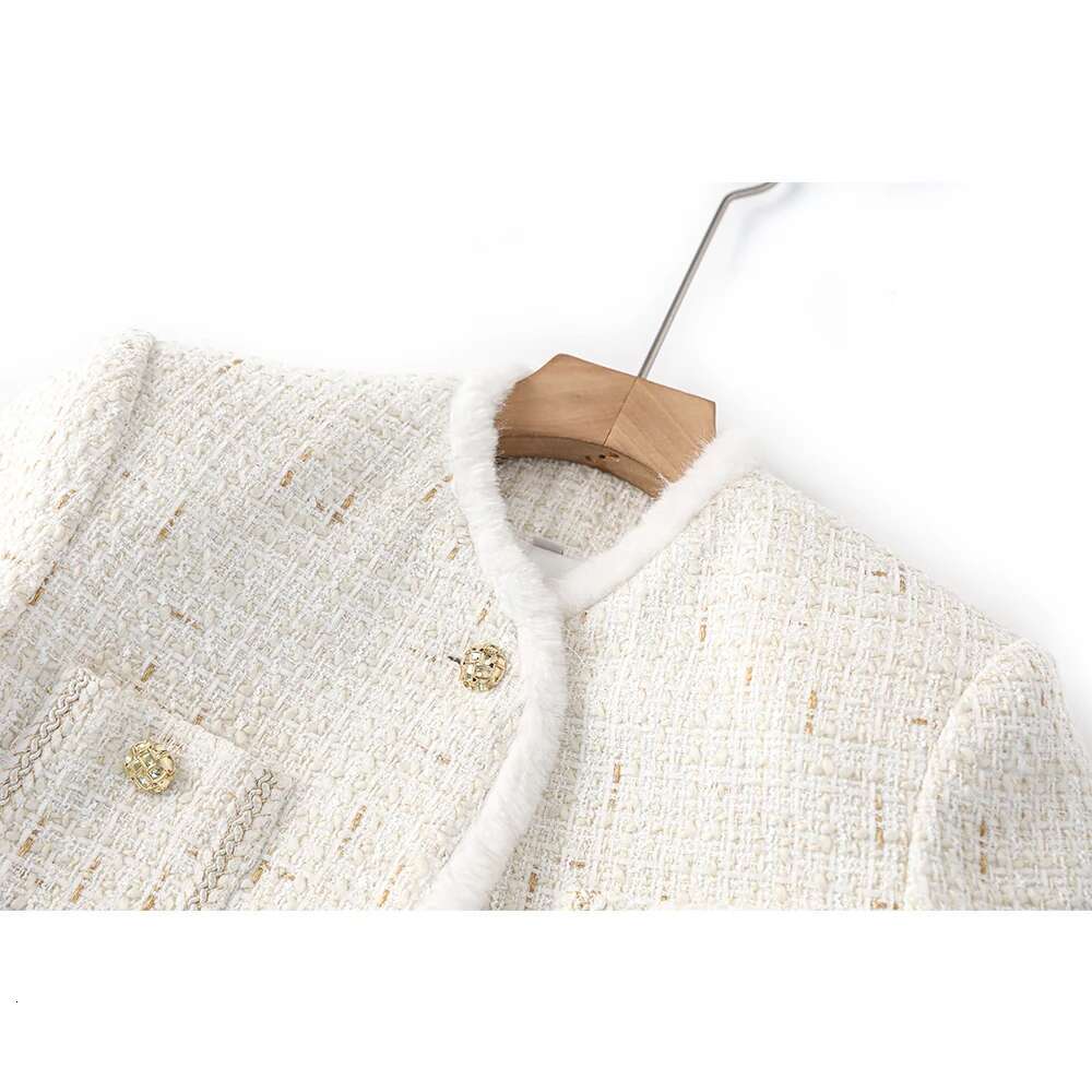 New Fall Winter Chic Design Rabbit Fur Patchwork Slim Tweed Outerdoor Charming Women Woven Jackets With Belt