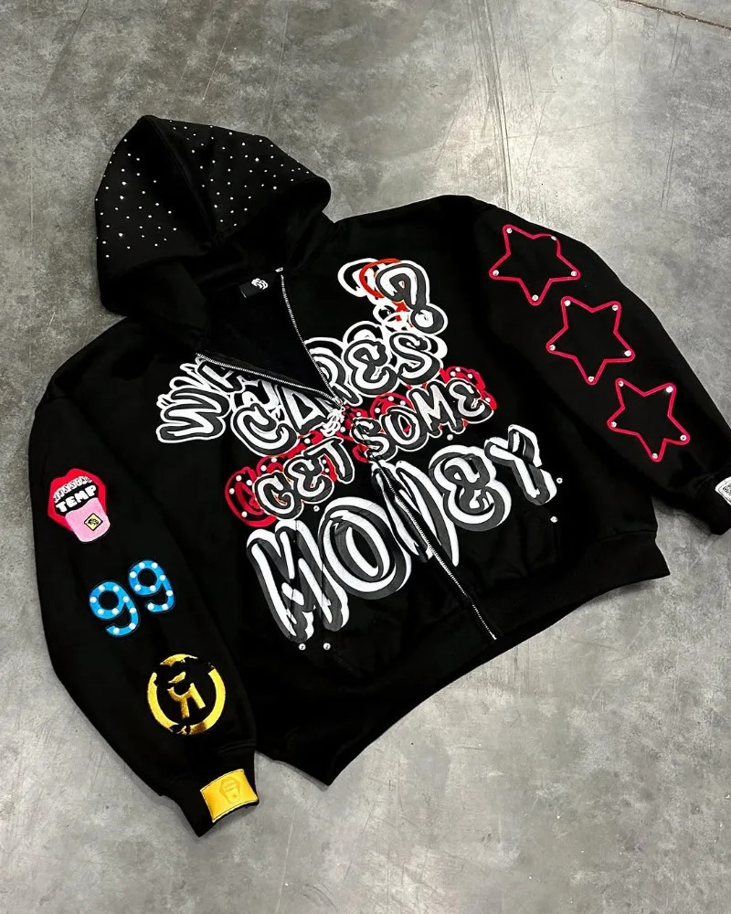 American Trendy s High Street Loose Casual Cartoon Printed Zipper Hoodie Men Y2k Hiphop Rock Oversized Sweatshirt Women 250317