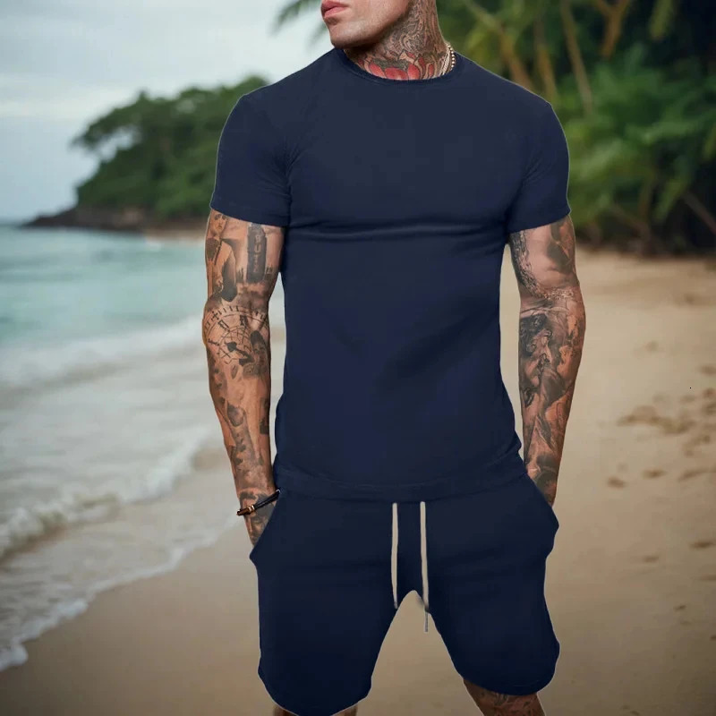 Mens sports suit mens two-piece sportswear short sleeved T-shirt and shorts set running and fitness sportswear summer 250320