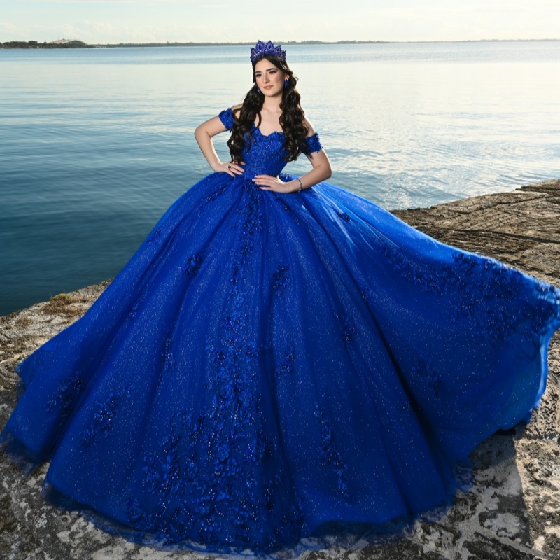 Royal Blue Sparkly Princess Off Shoulder Quinceanera Dresses Sweetheart Applique Flower Beading Crystal Tull Sweet 16 Ball Gown Vestidos De 15 anos