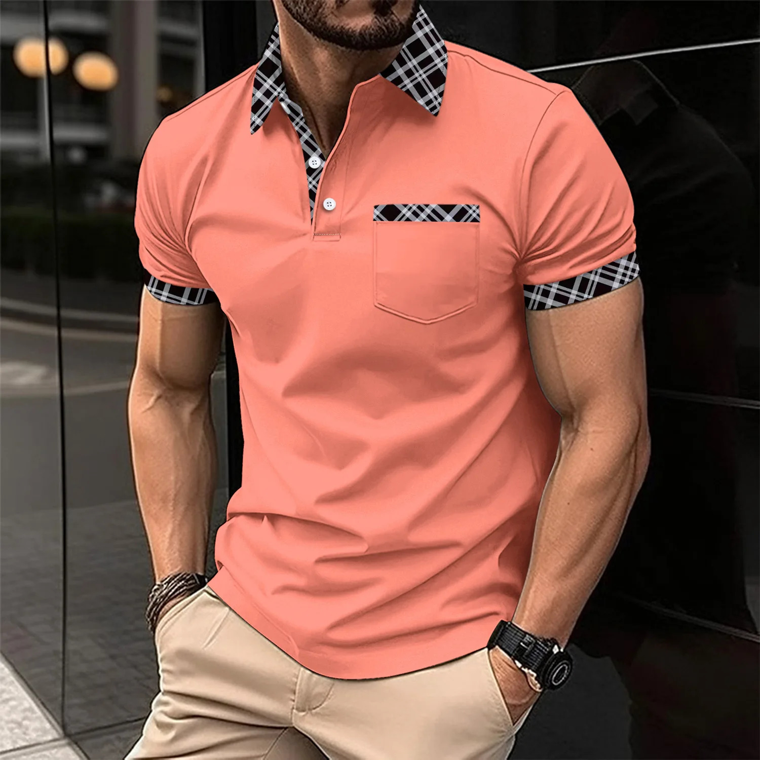 Summer selling fashionable mens polo shirt with checkered lapel buttons short sleeved casual and comfortable office clothing 250318