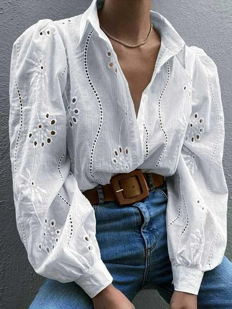 Womens Long-sleeved Hollow Out Button Office Wear ShirtsShirts BlousesWomen ClothingTops For WomenClothesWhite Shirts 250320
