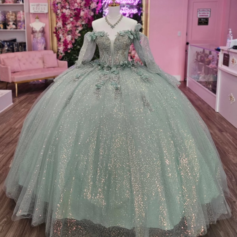 Mint Green Sparkly Princess Off Shoulder Quinceanera Dresses Sweetheart Lace Applique Beading Crystal Tull Long Sleeves Sweet 16 Ball Gown Vestidos 15
