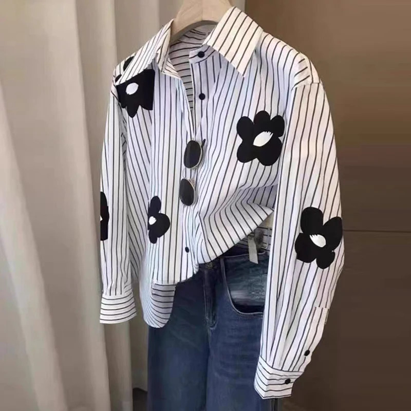 Collar patterned long sleeved loose shirt and shirt print casual single chest office white womens shirt 250320