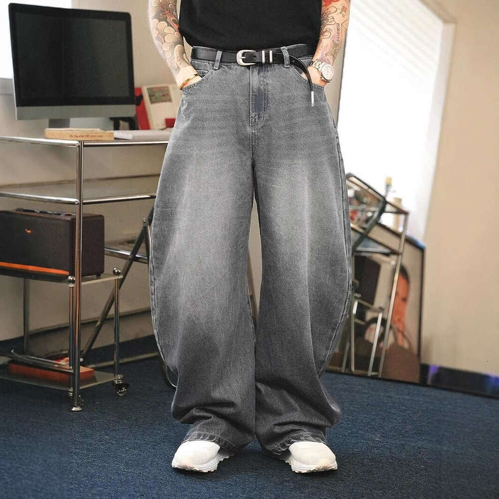 American high street trend black loose wide straight leg casual jeans for men and women