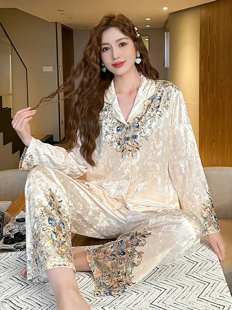 Spring Autumn Pajamas Womens Korean-Style Lapel Golden Velvet Top With Pants For Outer Wear Home Clothes 250321