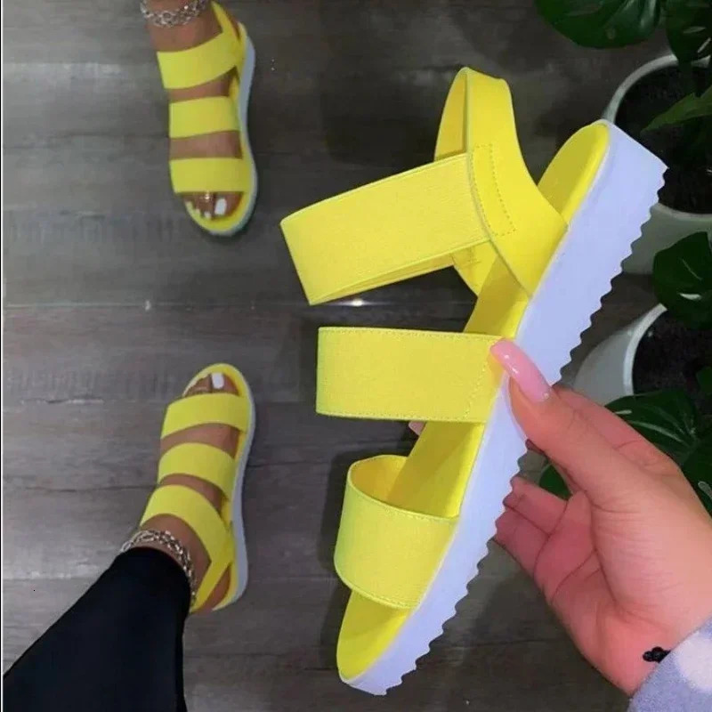 Summer womens sandals casual shoes hollow solid color smooth sole thick elastic band apartment plus size beach 250321BJ - view 6