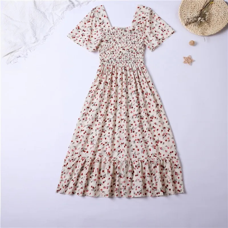 Spring and summer chiffon dress womens Midi dress womens short sleeved elastic waist printed floral pleated backless casual dress 250317