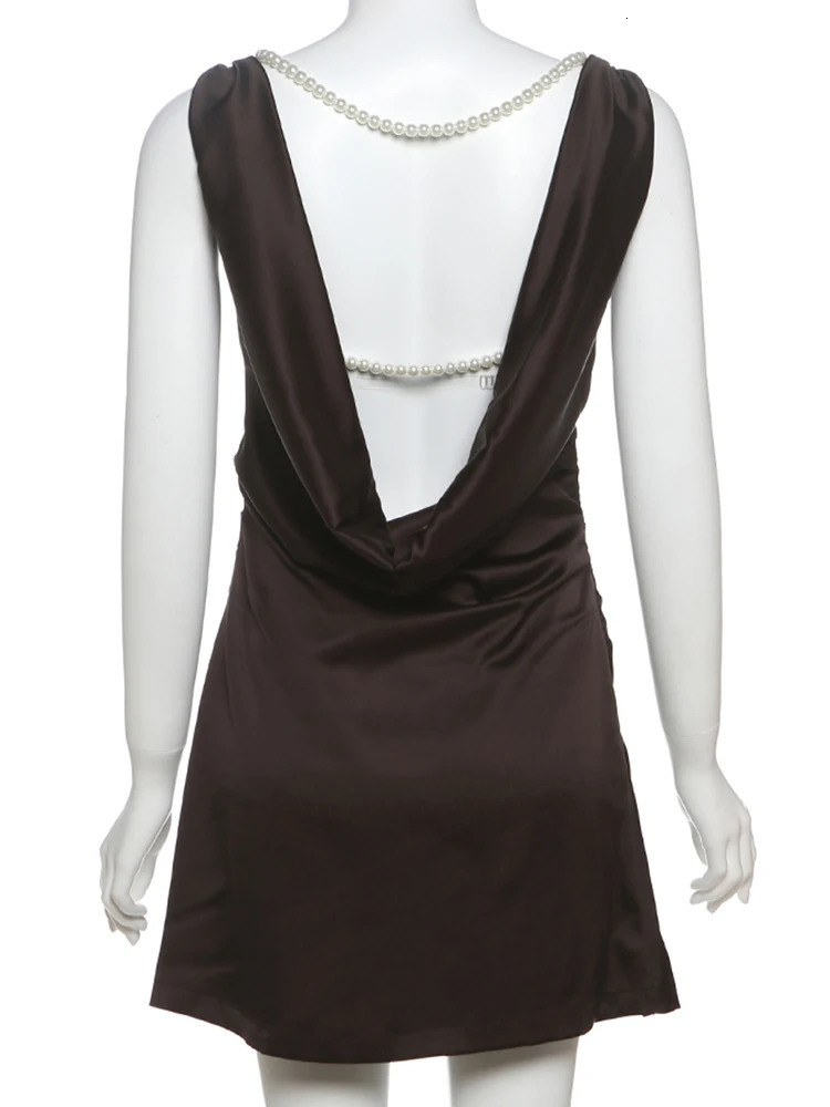 Weird Puss Backless Pearl Mini Dress Women Sleeveless Satin Silky Elegant Solid Banquet Birthday Party Summer Y2K A-Line Bodycon 250320