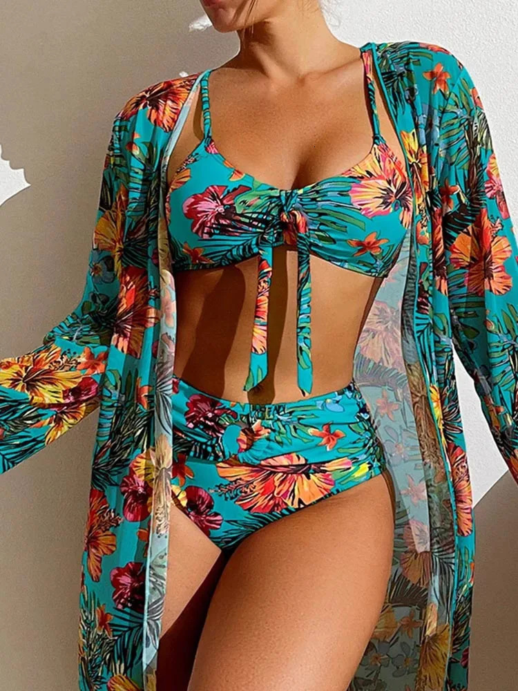 OIINAA Plant Printed Swimwear Women Bikini Set Lace Up ThreePiece Beach Cover Female Swimsuit Bathing Beachwear Fashion 250320Z