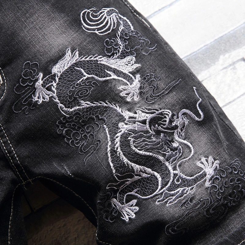 Black denim shorts jeans silver dragon embroidery perforated s fashionable slim fit loose jacket hiphop high street 250312
