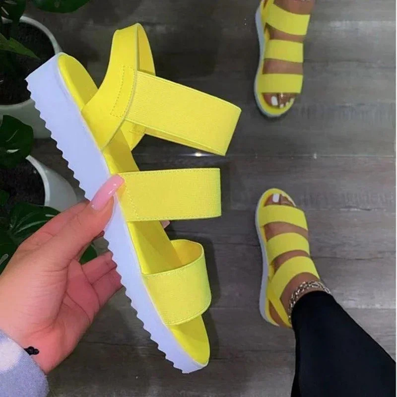 Summer womens sandals casual shoes hollow solid color smooth sole thick elastic band apartment plus size beach 250321BJ - view 3