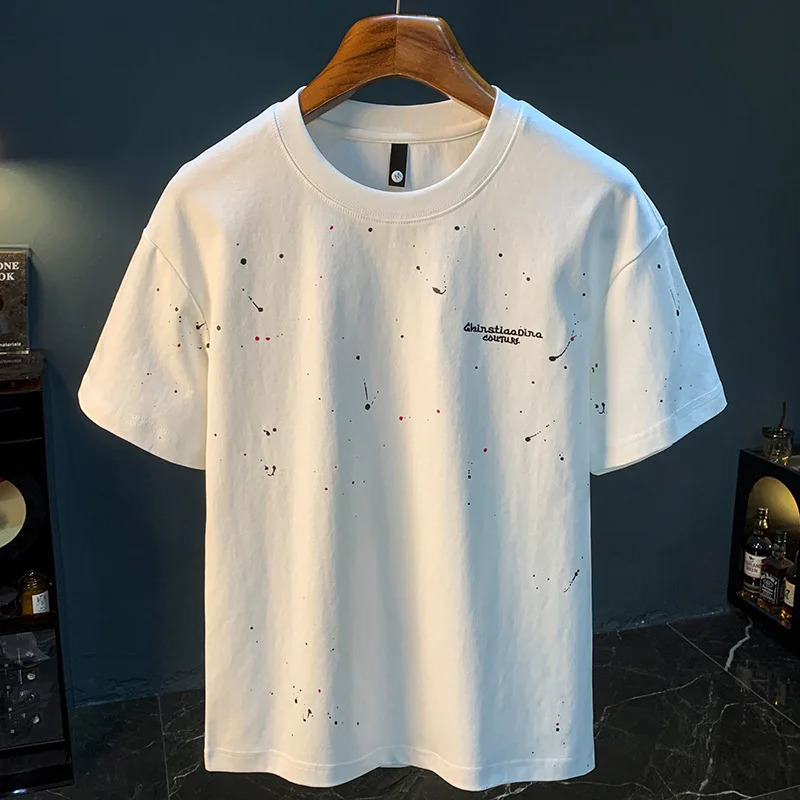 2025 Summer Trend Inkjet Printed Tshirt Short Sleeve Mens Thin Round Neck Large Size Breathable Embroidered White Top 250312
