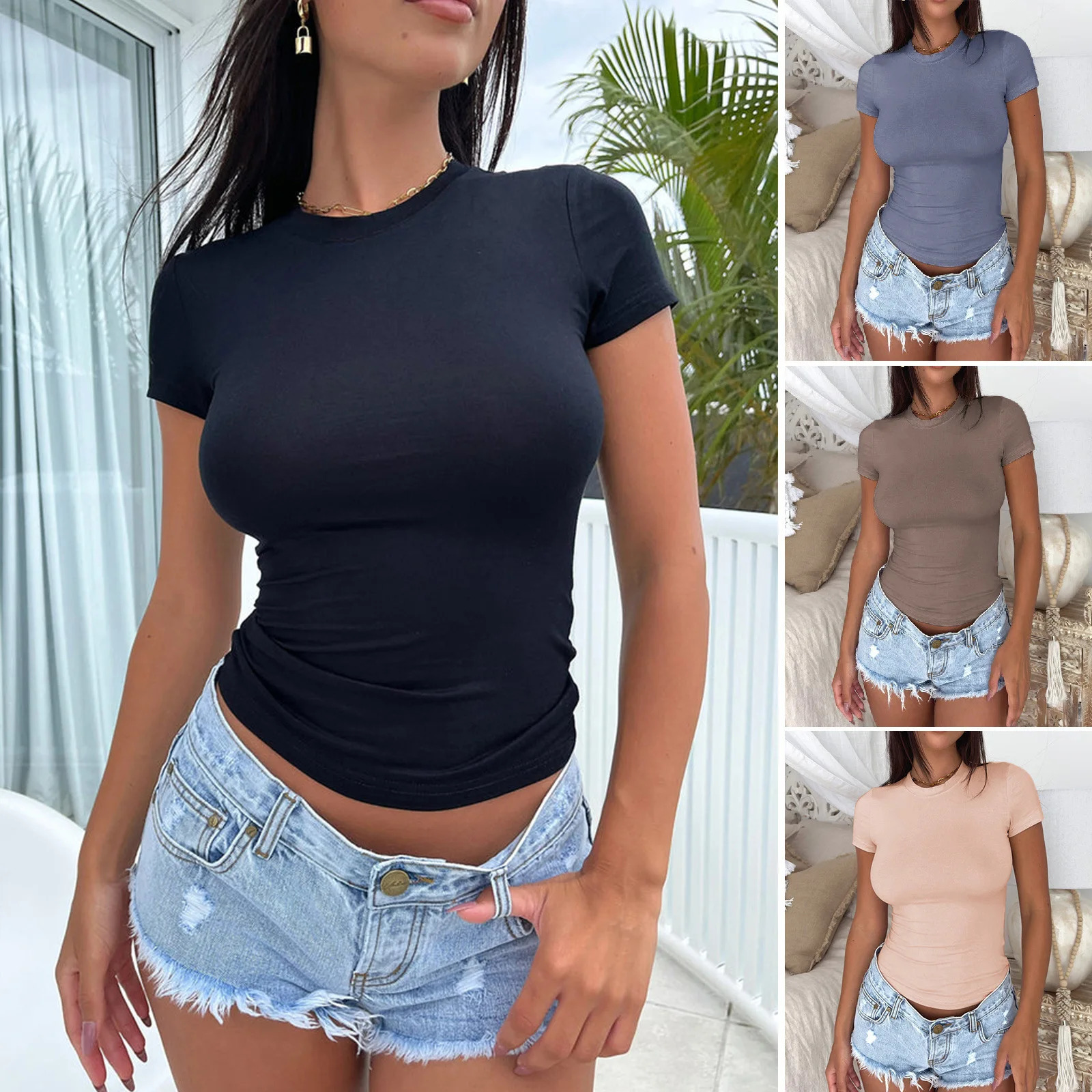 Summer Womens Tshirt Slim Fit Ladys Short Sleeve Tops Solid Color Oneck Female Base Shirt Y2K Top Clothing 250311