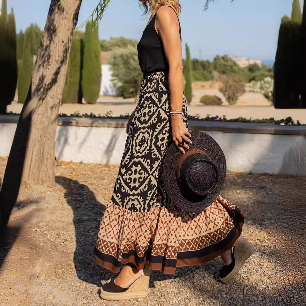 boho print maxi skirt women fashion high waist 3D printting long dress casual loose summer high waist skirts for women 250320