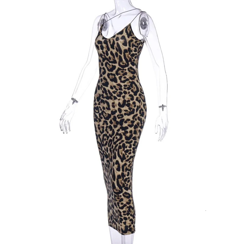 Womens summer leopard print sleeveless deep Vneck sexy ultrathin Midi dress womens fashion streetwear Christmas party 250320