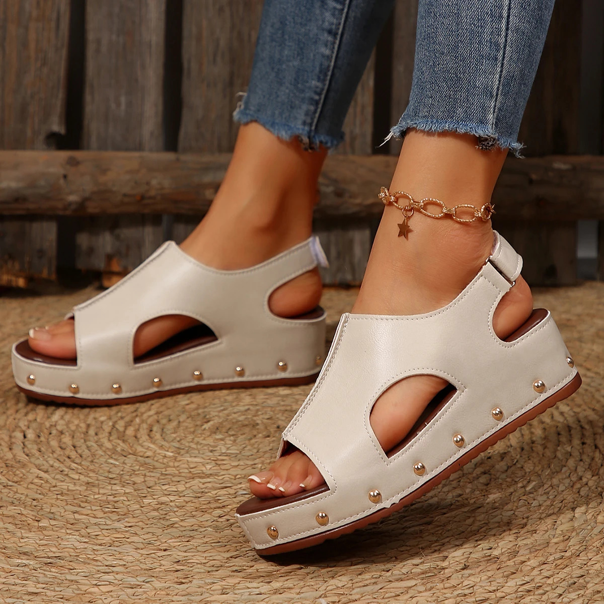 Womens Comfortable Wedge Sandals Peep Toe Med Heel Platform Sandalia Mujer Rivet Thick Bottom PU Leather Summer Shoes 250321BJ - view 5