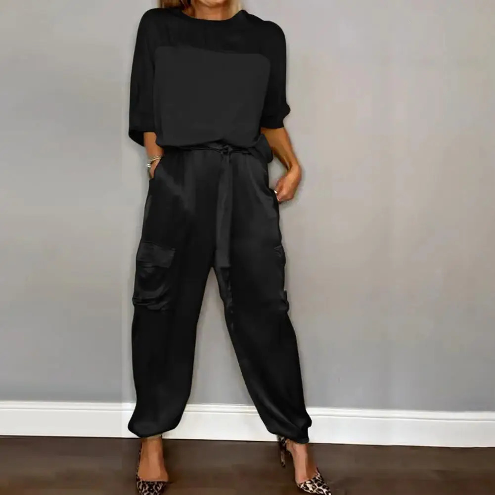 Womens Smooth Satin Short-sleeved Top and Pants Two-piece Set O-neck Lace Up Outfits Loose and Elegant Womens Two Piece Set 250320