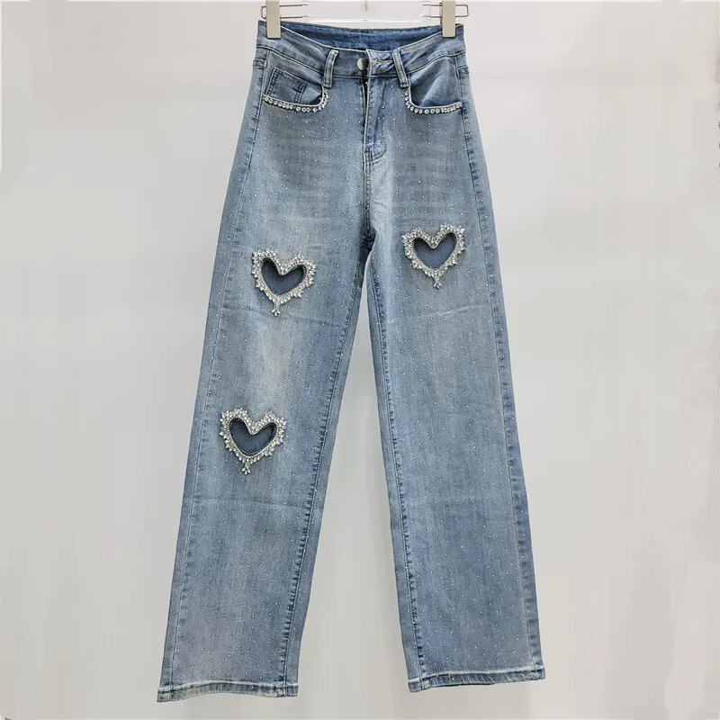 WTHT Fashion Womens Diamonds Heart Hollow Out Straight Jeans Winter High Waist Solid Color Denim Pants Female 1LS610 250320
