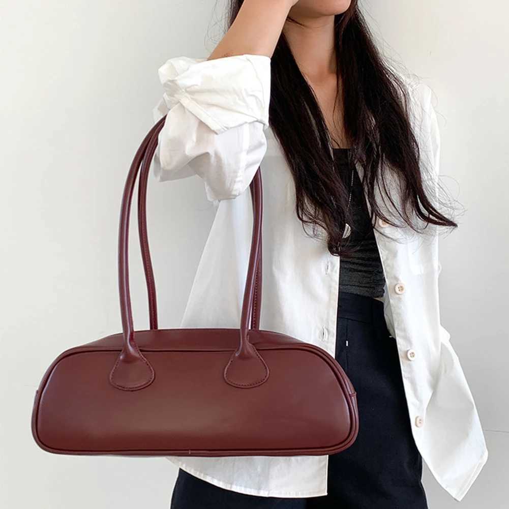 PU Leather Daily Tote Handbag Solidcolor Zipper Fashion Bowling Bag Large Capacity Cowhide Underarm Bag Luxury Designer Handbags Y250319