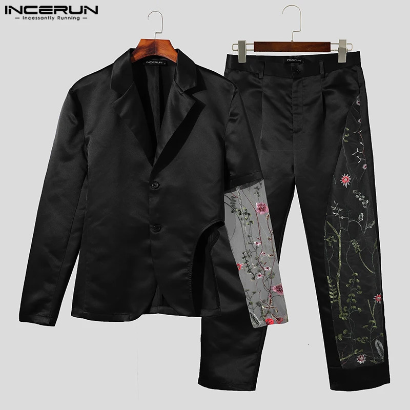 INCERUN American Fashion Mens Long Sleeve Set Jacket Pants Splicing Work Lace Flower Hollow Two Piece Set S-5XL 250318