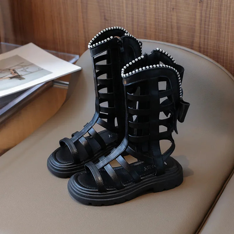 Girl Long Roman Boots Children Hightop Leatehr Sandals Summer Fashion Kids Pearls Gladiator with Bowtie Princess H06256 250304