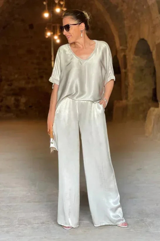 2025 Spring Satin Oversize Women Suit Black V-neck Tops Long Pants Loose Suits Female Spring Casual Trendy Ladies Clothes 250320