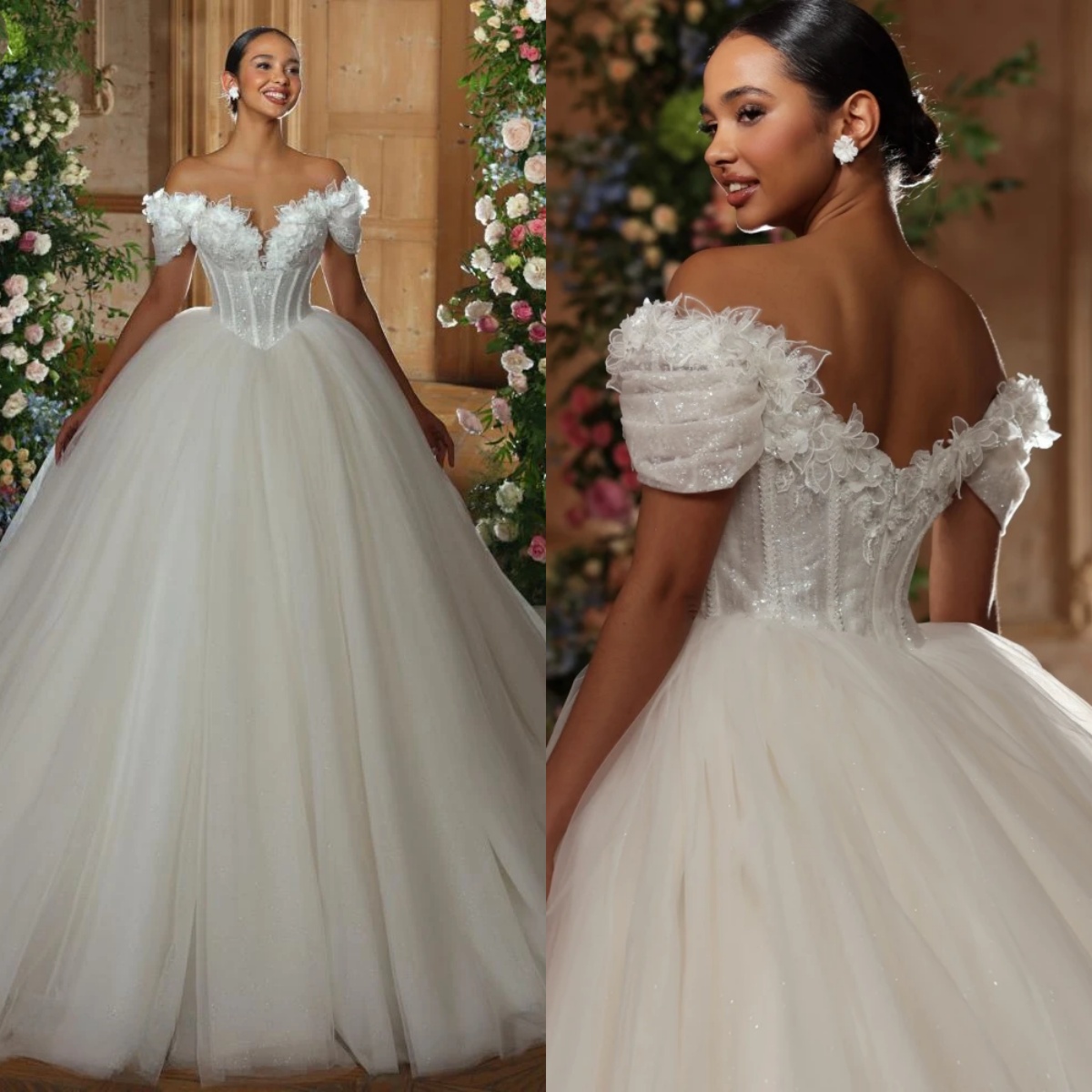 Elegant Women Wedding Off Shoulder Sleeveless Bridal Gowns 3D Appliques Sequins Sweep Train Dress Custom Made