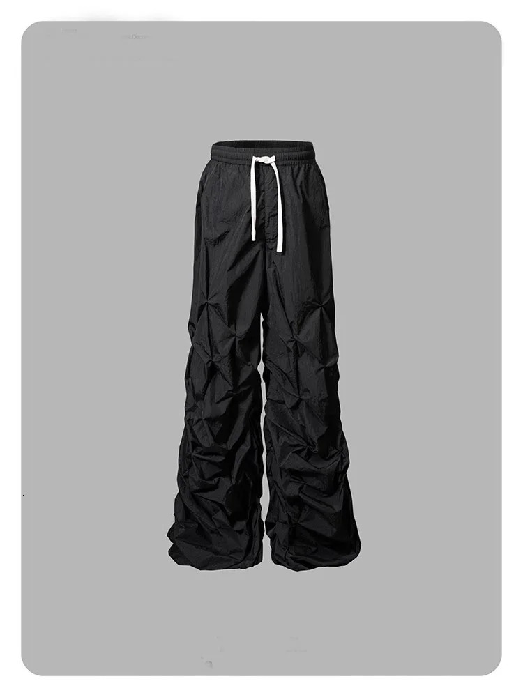 Mauroicardi Spring Autumn Long Black Ruffle Wide Leg Mens Elastic Waist Dark Academic Clothing Street Trousers 250317