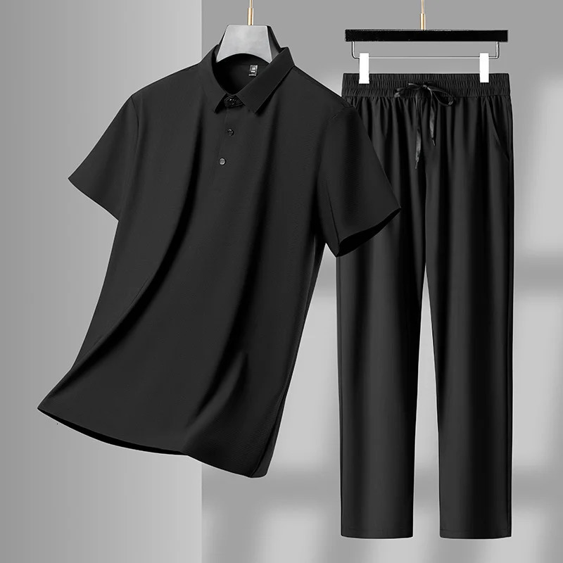 Summer Mens Mens Casual Sports Set Fashion Thin Ice Strapless Polo T-shirt Mens Two Piece Set High Quality 250320