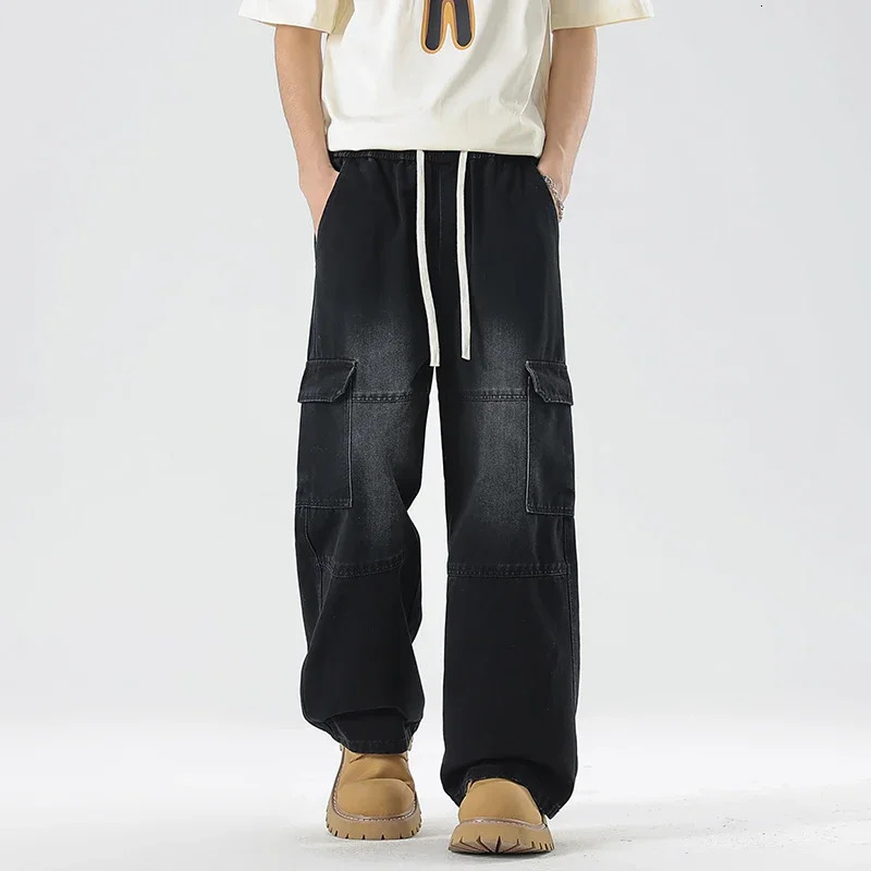 Mens Working Jeans Spring Stretch Waist Working Pants Loose Straight Wide Legs Street Hip Hop Baggy Fashion Pants 250320